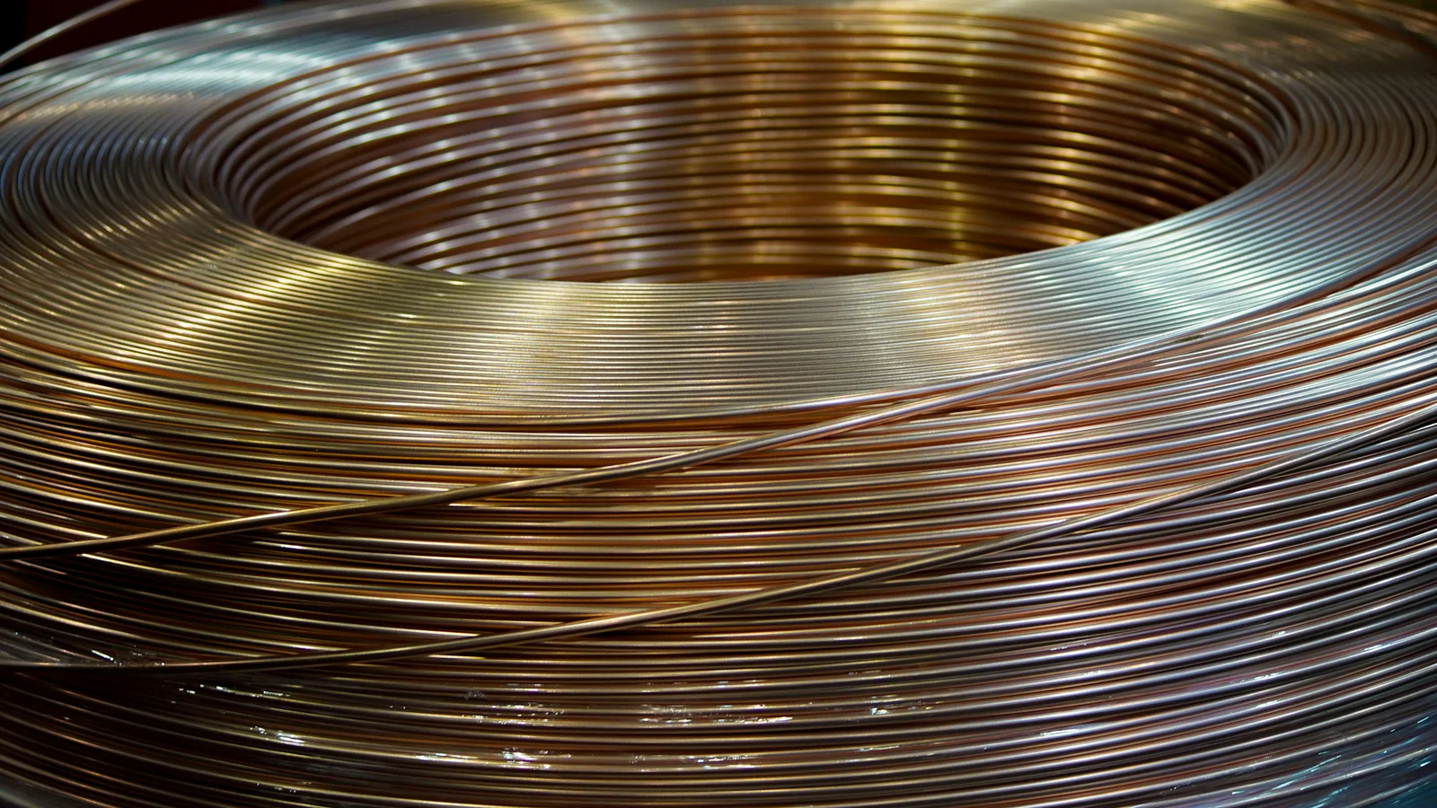 Close view of a large coil of real copper wire