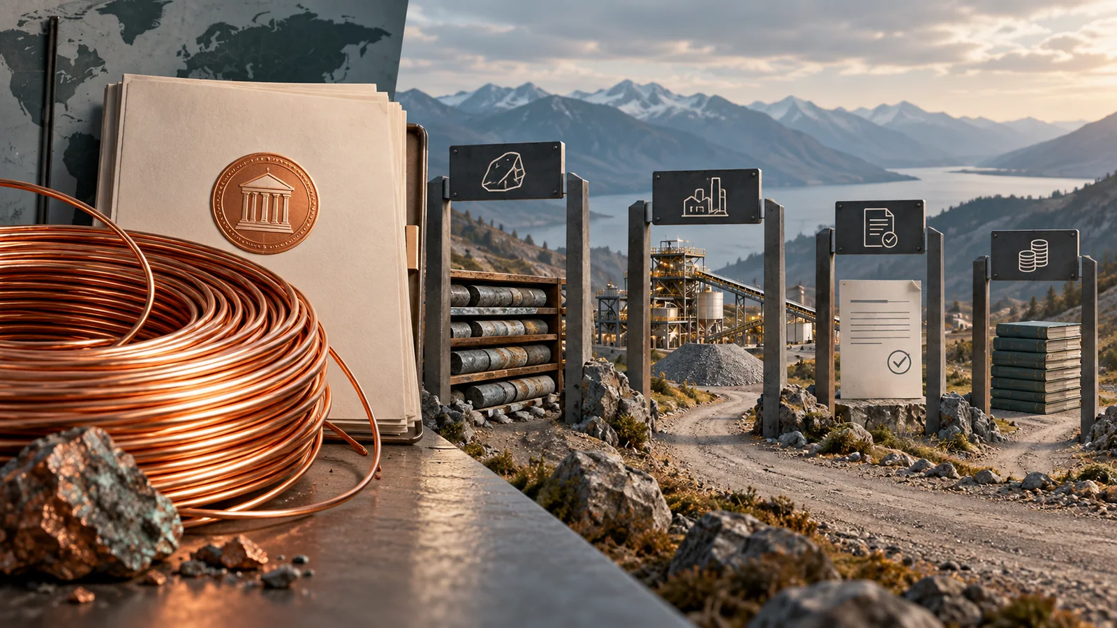 Copper wire and a policy dossier stand before separate geology, processing, permit, and financing gates