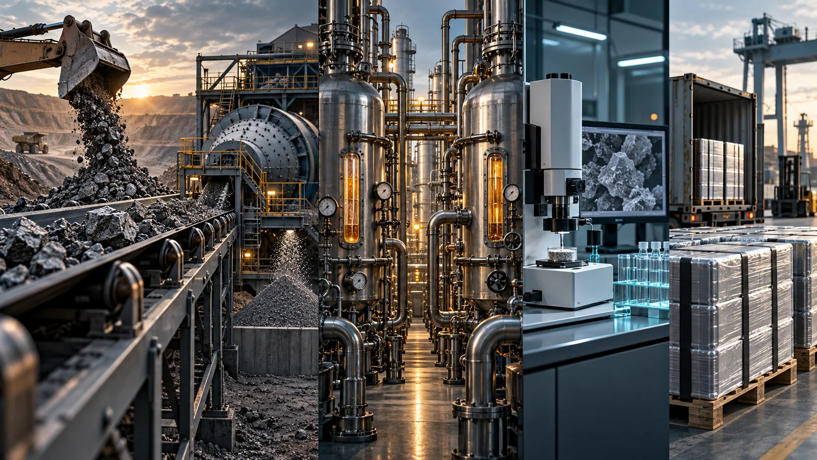 Ore moves through a constrained refinery, purity lab, and qualified product shipment