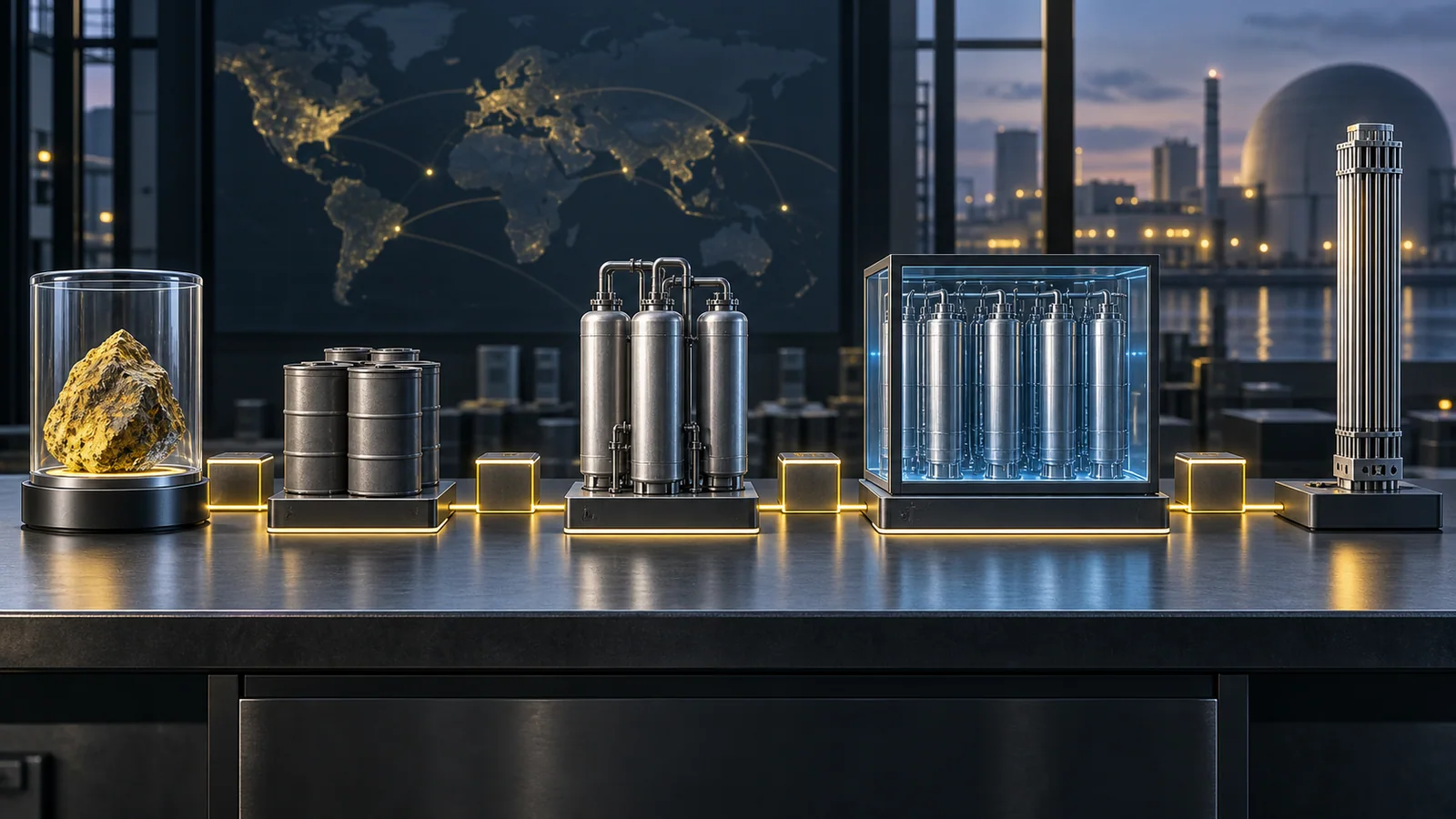 Uranium ore, inventories, conversion, enrichment, and fuel fabrication appear as separate stages